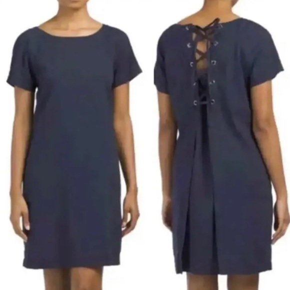 Theory Dresses & Skirts - Theory Navy Blue Lace Back Raglan Shift Dress Linen Blend Size 6 Knee Length